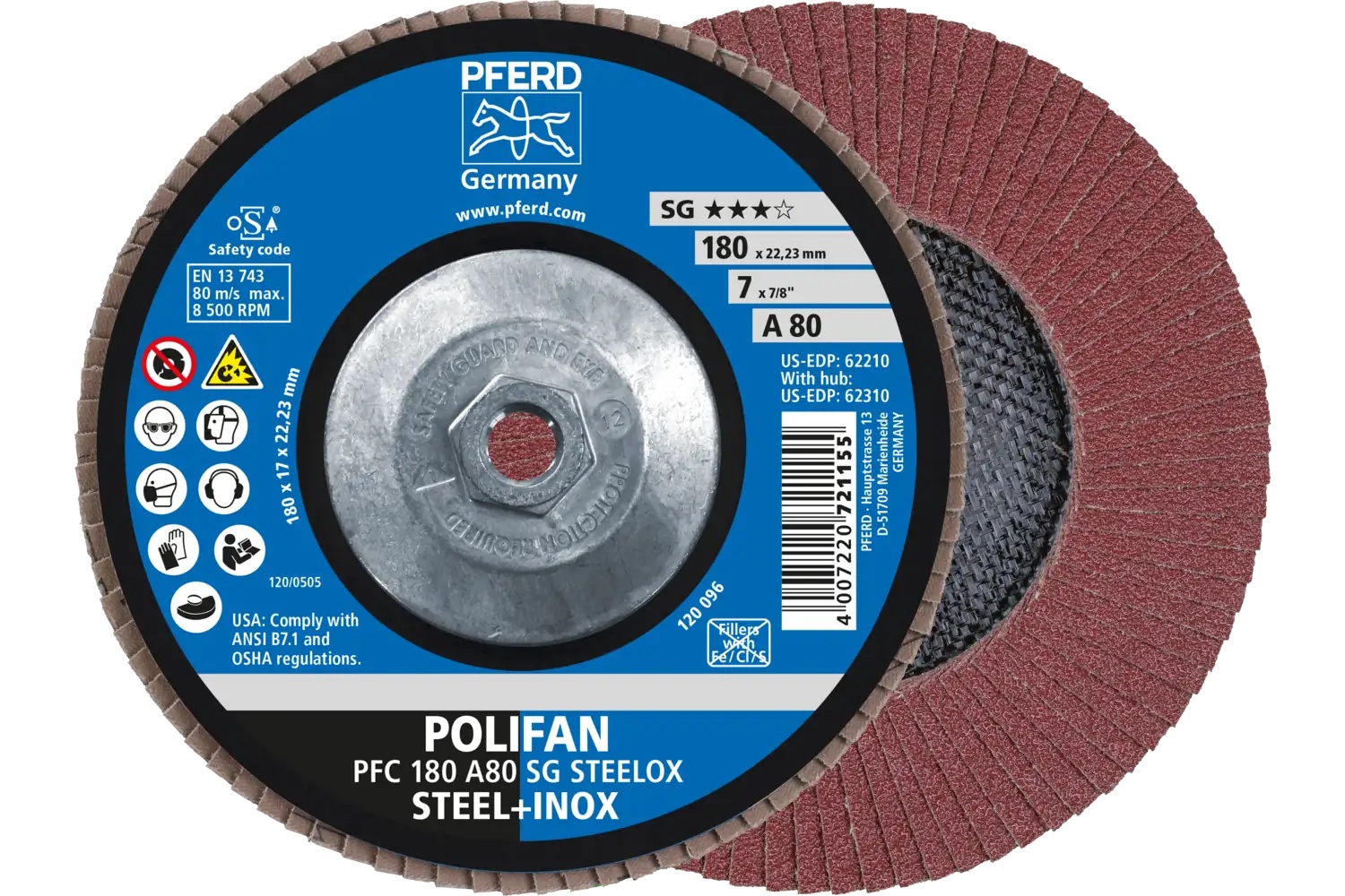 Picture of Pferd Flap Disc, 7" x 5/8-11, A SG Steelox, 80 Grit, T29, Conical, Aluminum oxide